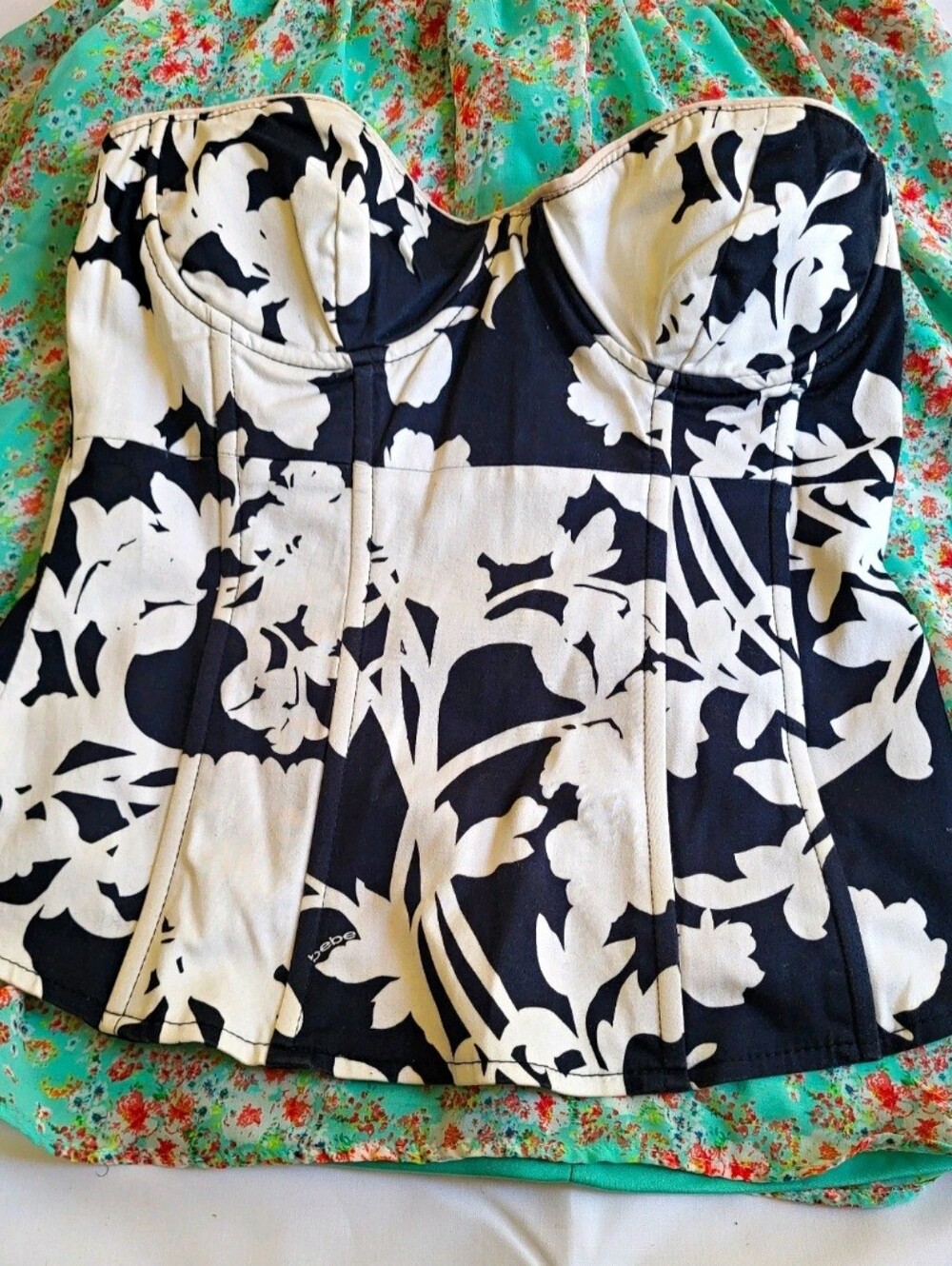 Bebe Black and White Y2k Floral Print Bustier Corset Top| Size 2